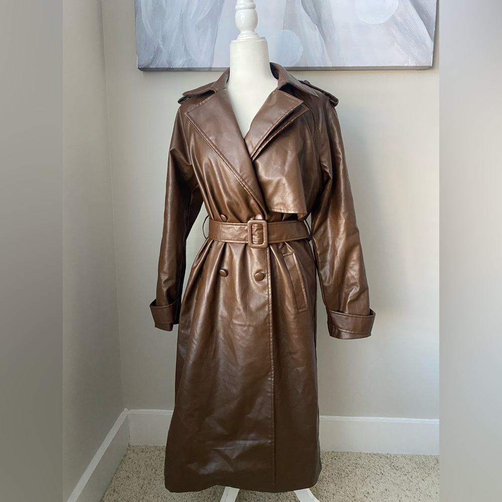 Forever 21 Chocolate Brown Faux Leather Trench Coat